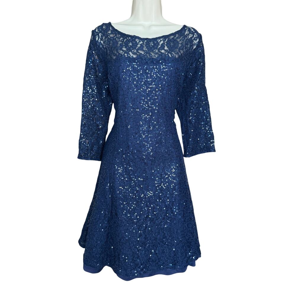 SL Fashions Navy Embellished Lace A-Line Dress 14 NWT